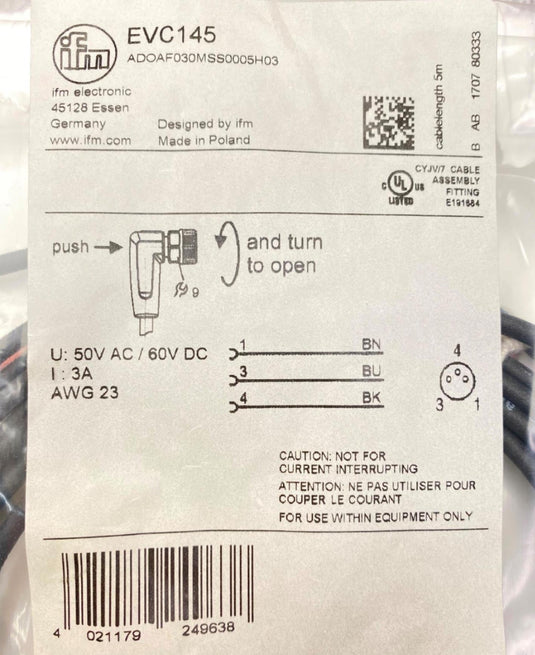 IFM EVC145 ADOAF030MSS0005H03 Connecting Cable Female - Caliber Automation Online Store