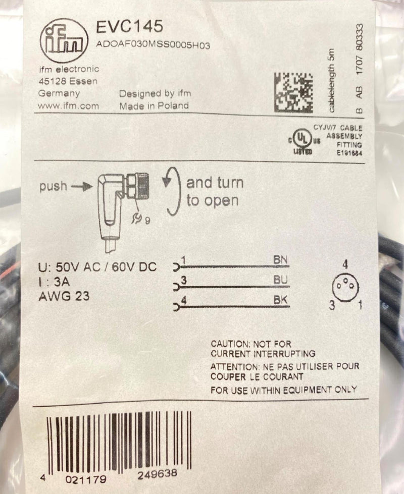 Load image into Gallery viewer, IFM EVC145 ADOAF030MSS0005H03 Connecting Cable Female - Caliber Automation Online Store
