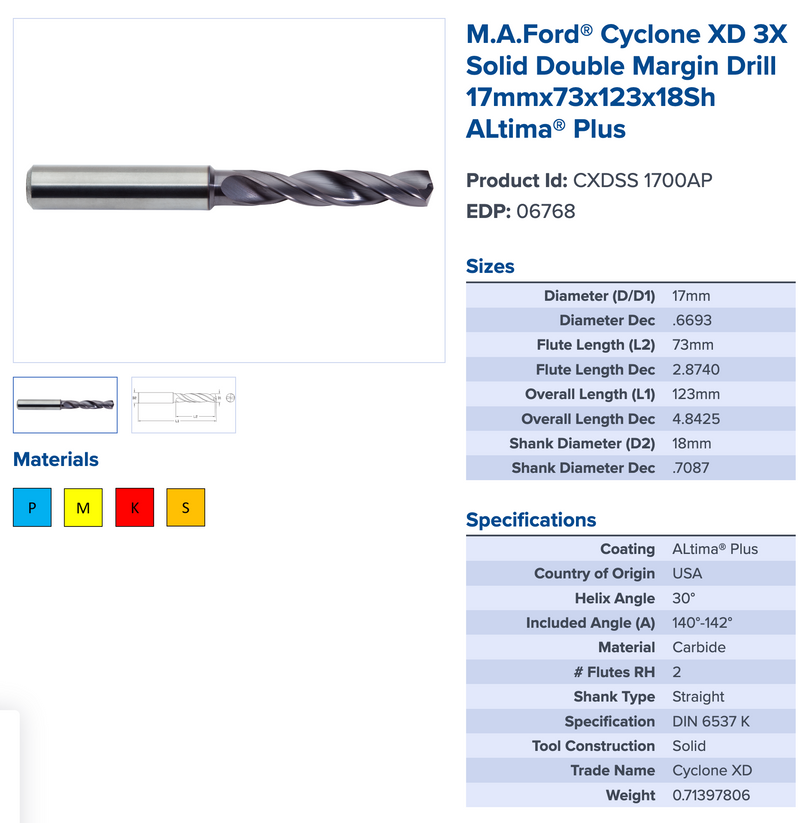 Load image into Gallery viewer, M.A. FORD CXDSS 1700AP Solid Double Margin Drill (NEW) - Caliber Automation Online Store
